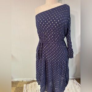 ARULA One-Shoulder Dress in Navy with Gold Accents